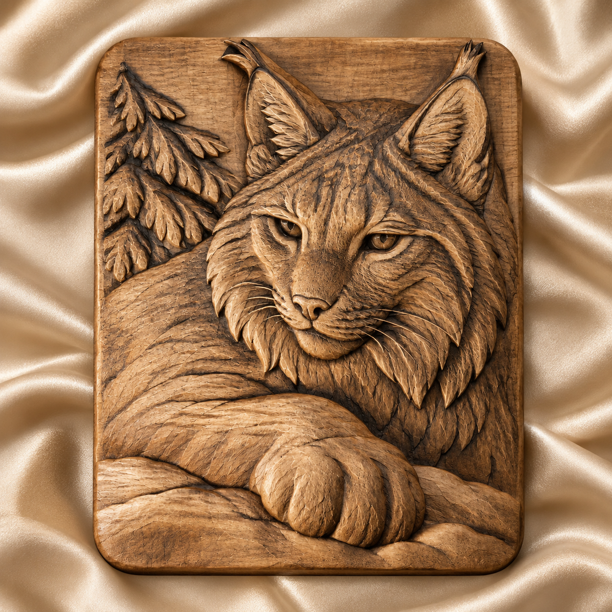 Wood-effect rendering of a lynx relief design